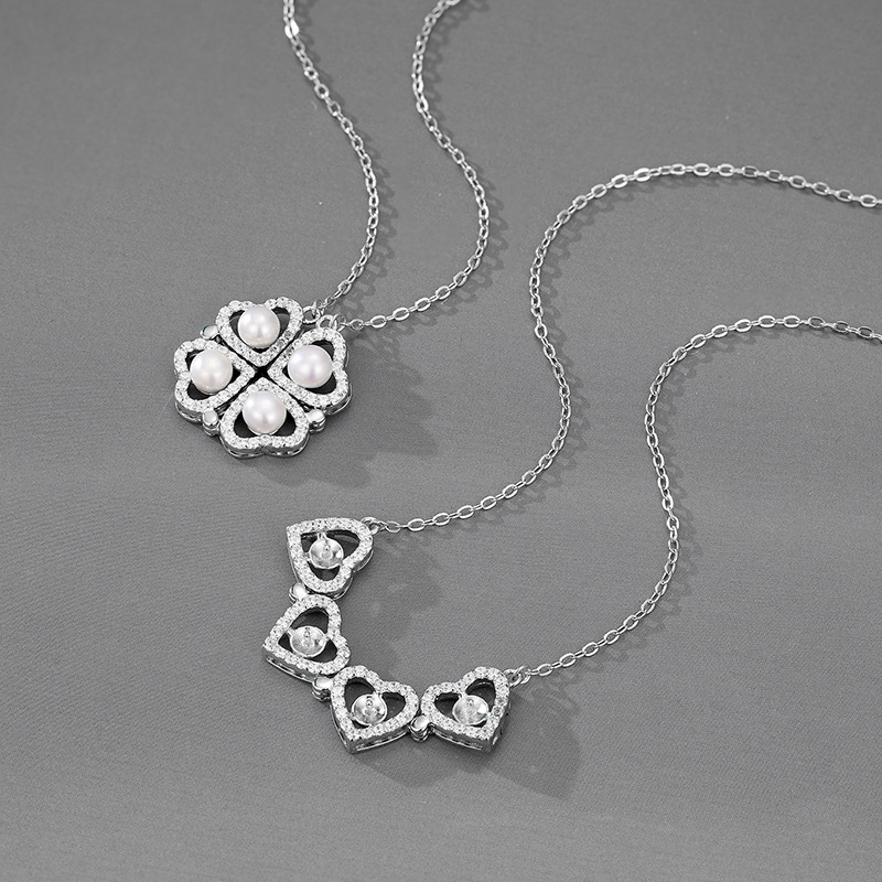 Silverhalsband med pärlor för damer hjärta och klöver_voghion.com