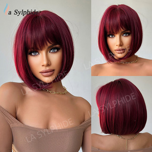 European and American Cross-border Women's wine red Straight Bang BOBO Head Multicolor Optional Mechanism Chemical Fiber Wig Rose Net