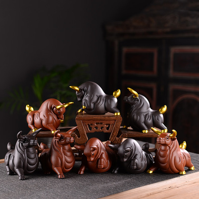 紫砂茶宠牛气冲天茶盘摆件创意可养功夫茶具茶宠手工陶瓷茶道摆件|ru