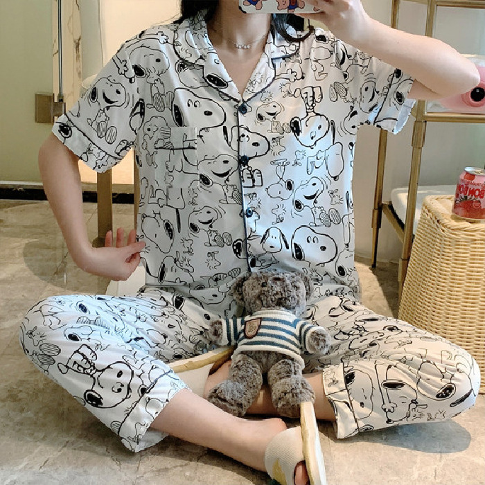 Pantalones de manga corta pijamas de las mujeres de verano estilo coreano ins cardigan leche traje de seda hogar ocio dibujos animados estudiante fuera image 10