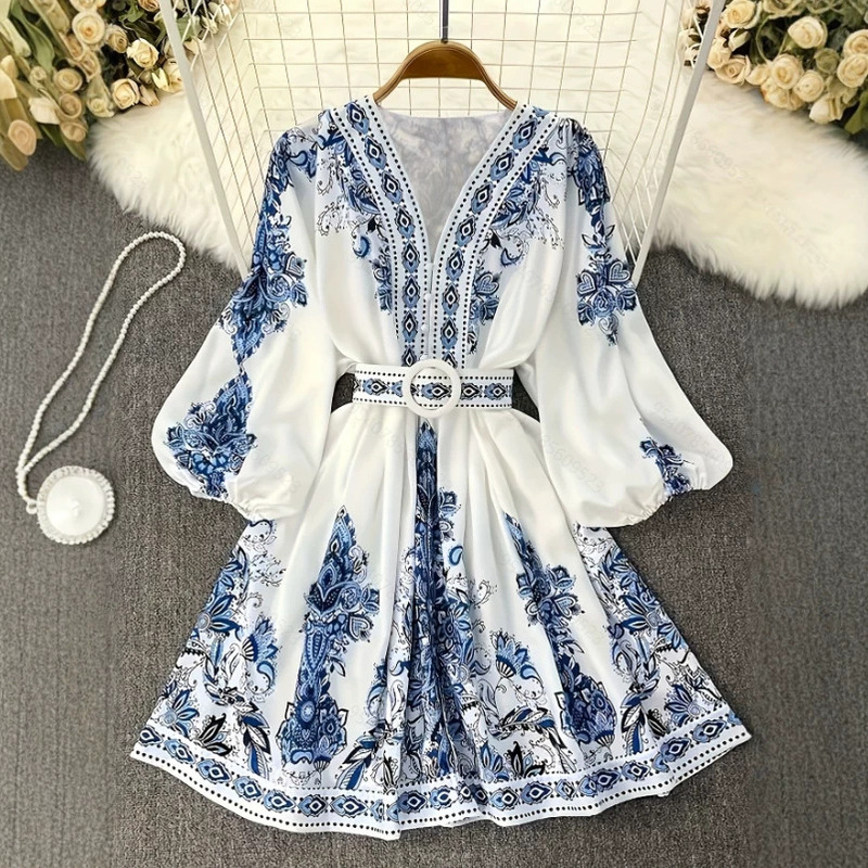 2025 Spring New European and American Women's Fashion Cross-Border Fashion V-Neck Long-Sleeved Bohemian Print Dress