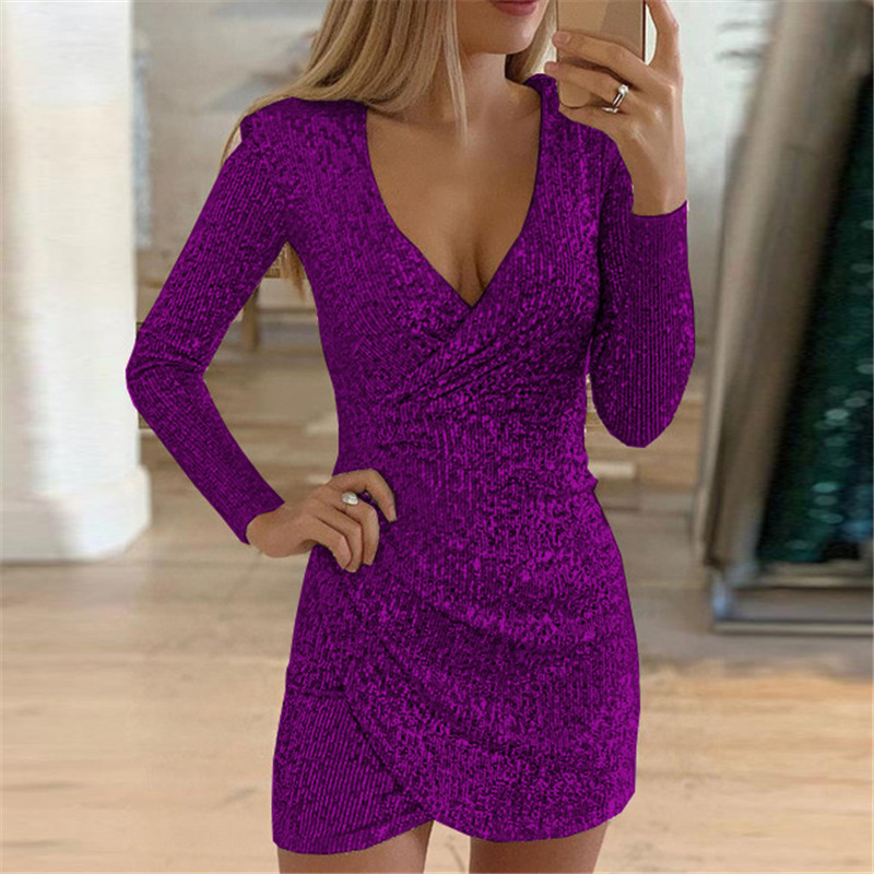Women's Clothing dresses sexy v neck hip hugging irregular short skirt sequin dress dress for women_voghion.com