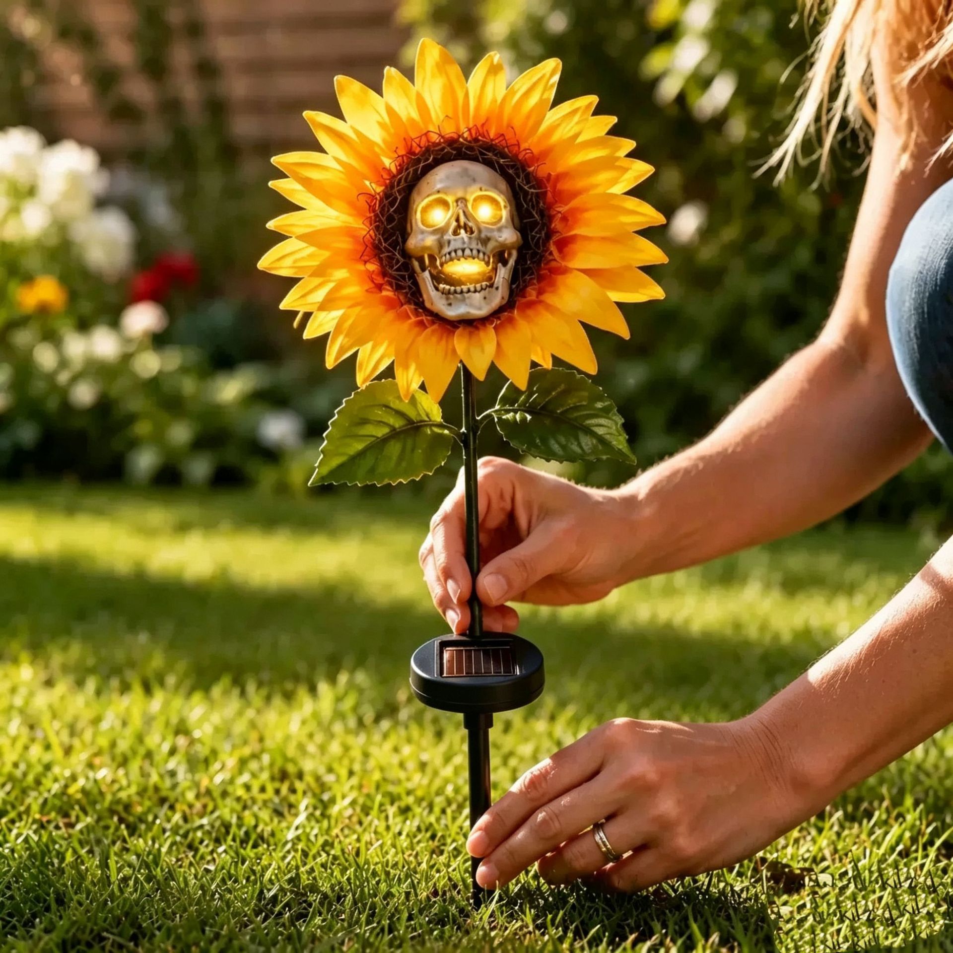 可爱热销个性时尚Solar Sunflower Skull Light向日葵骷髅地插灯