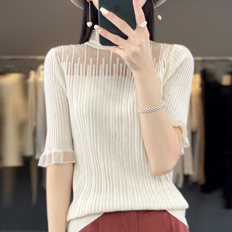 Lace Stitching Short-sleeved T-shirt Women's Summer Worsted Wool Thin Slim-fit Hollow-out Sweater Half-sleeved Base Top