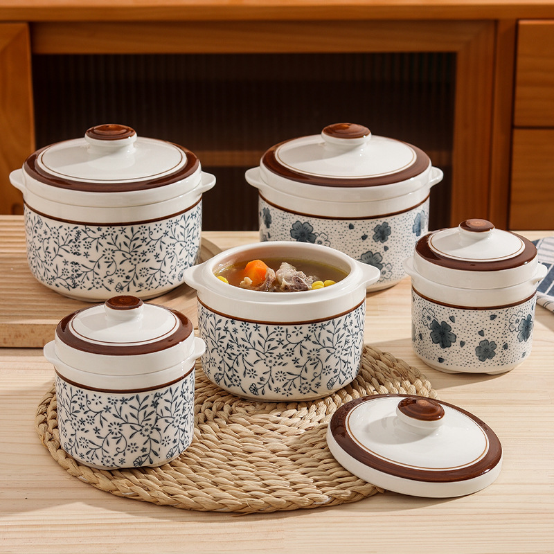 Vintage Japanese-Style Underglaze Ceramic Steaming Pot for Home Use, Suitable for Stewing Soup, Steaming Eggs, Bird's Nest, Baby Food, and Medicinal Dishes, Water-Sealed Ceramic Steaming Pot