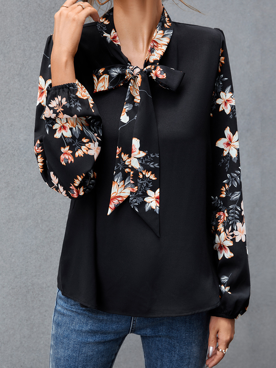 Female‘S Black Print Stitching Long-Sleeved T-Shirt NSAL72729