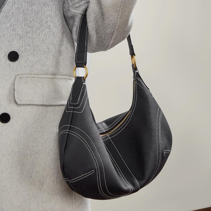 Designer Large Capacity Top Layer Cowhide Underarm Genuine Leather Lazy Style Designer Dumpling Handbag Fashion Casual Horn Bag_voghion.com