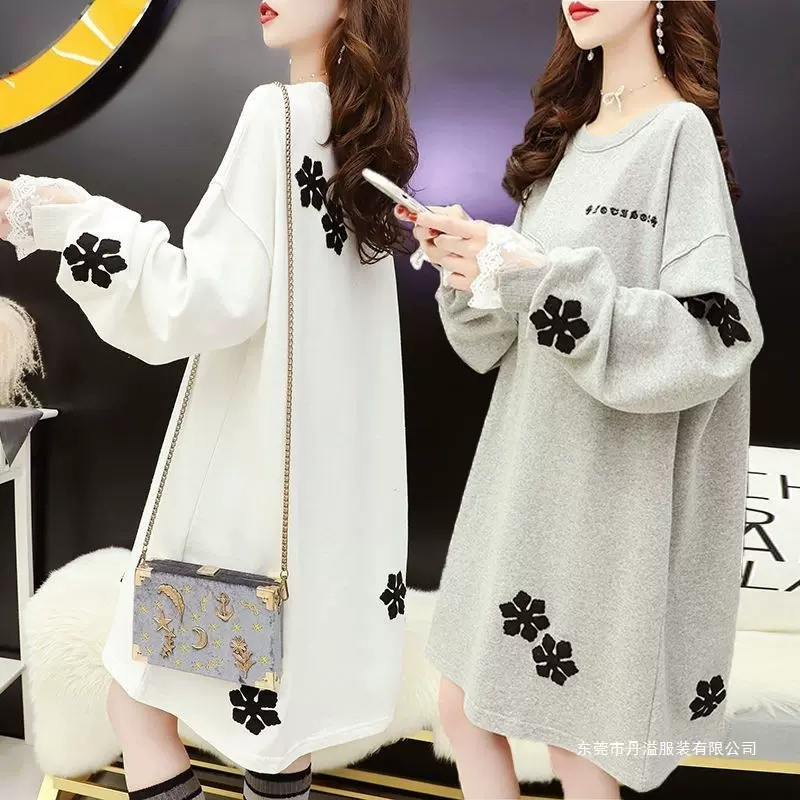 卫衣裙女潮ins2024胖mm春秋新款韩版中长薄款蕾丝上衣外套