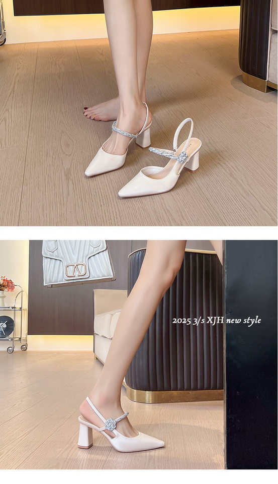 Dép sandal nữ bít mũi mũi nhọn gót thô đính đá hoa, gót 3–6 cm — Màu nâu, Màu trắng be, Màu xanh lục nhạt chi tiết 9