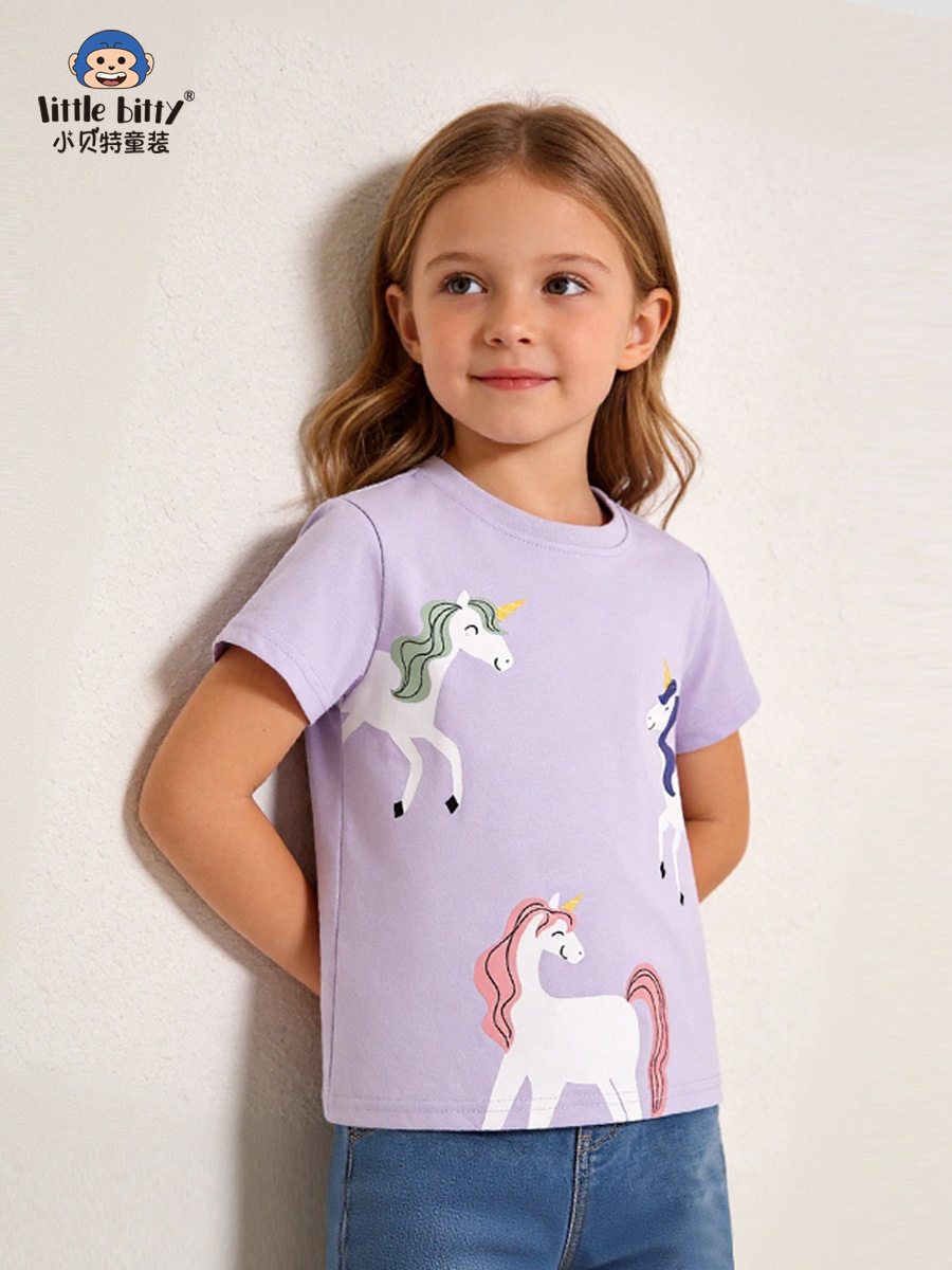 European and American Cross-Border Supply 26Th Spring/Summer Children's Short-Sleeve T-Shirt with Cartoon Unicorn Print, Round Neck, Girls' Top