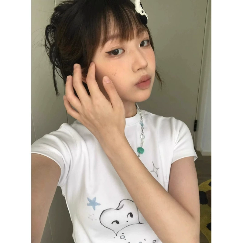 [210 г, 40 шт., тонкий хлопок 1*1] белая летняя женская футболка с короткими рукавами с героями мультфильмов, тонкие и модные топы высокого класса