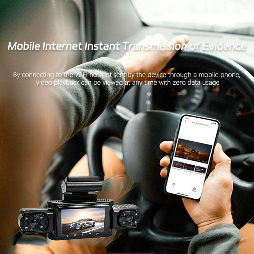Four-lens dashcam with high-definition night vision, radar, anti-collision features, sentinel mode, and parking monitoring