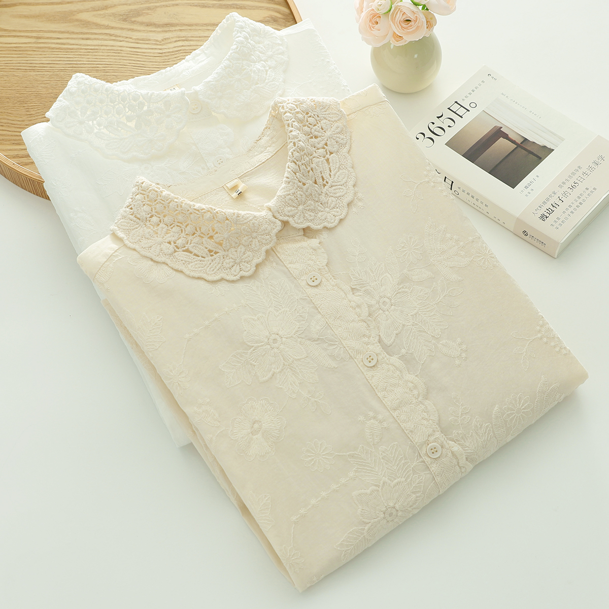 French Style Artistic Lace Embroidered Doll Collar Long Sleeve Shirt Women's Beautiful Chic Embroidered Cotton Base Top