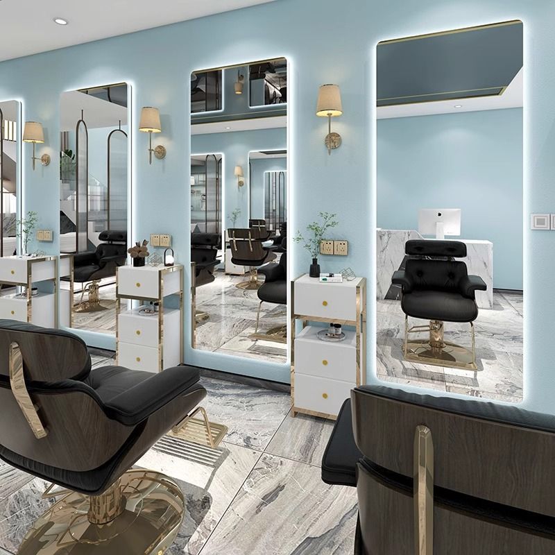 Barbería simple decoración espejo rojo en línea espejo con lámpara marea pared de un solo lado espejo peluquería image 13