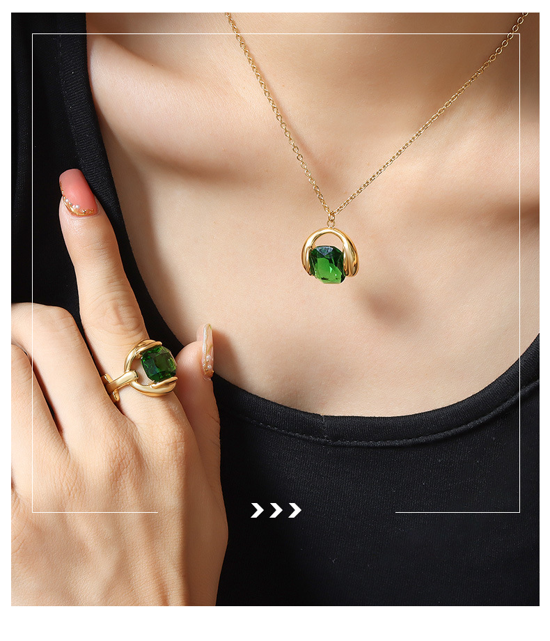 Fashion Square Titanium Steel Inlay Artificial Crystal Earrings Necklace