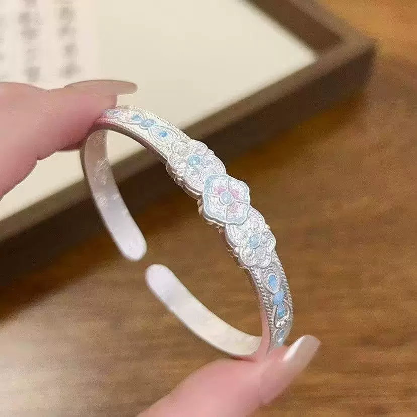 新中式珐琅彩重工开口手镯轻奢高级感设计手环复古宫廷风百搭手饰