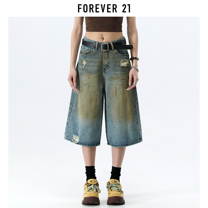 Forever 21 American Retro Washed Dirty Dyed Low-Waisted Wide-Leg Cropped Jeans for Women Summer Ripped Straight Pants