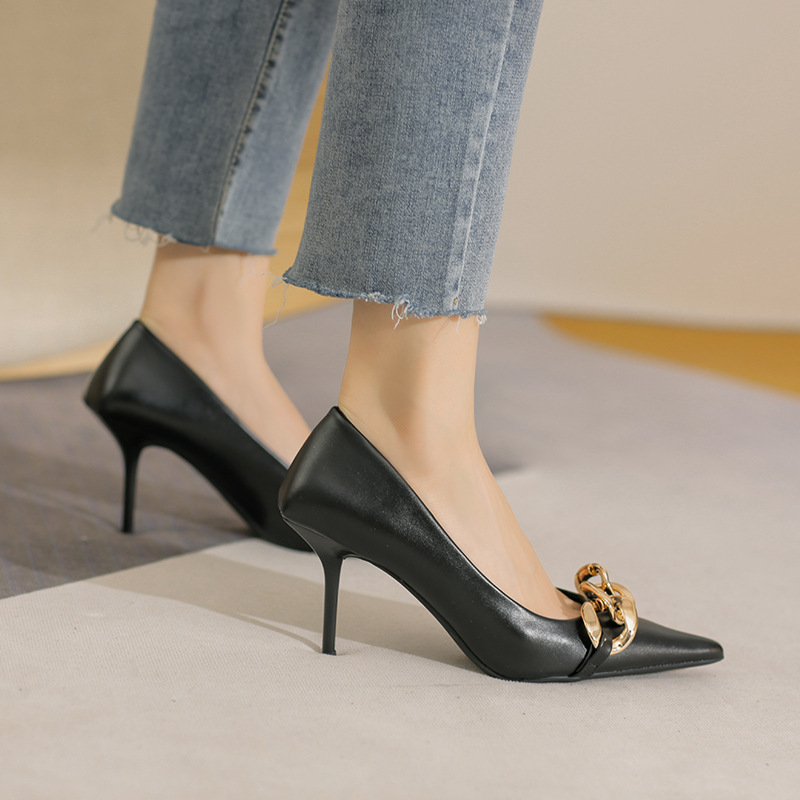 Heel Square Flats for Women 2025 Spring and Summer New European and American Metal Chain Stiletto Pointed Toe Fashion Shoes Professional High Heels