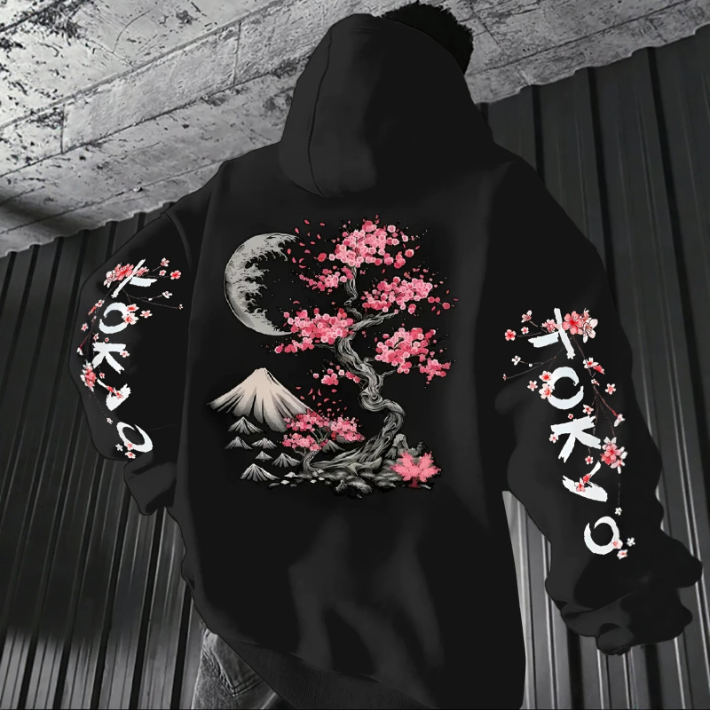 Unisex Hooded Sweatshirt with Mount Fuji and Cherry Blossom Tokyo Print, Black Loose Casual Autumn and Winter Top Unisex Hooded Sweatshirt with Mount Fuji and Cherry Blossom Tokyo Print, Black Loose Casual Autumn and Winter Top