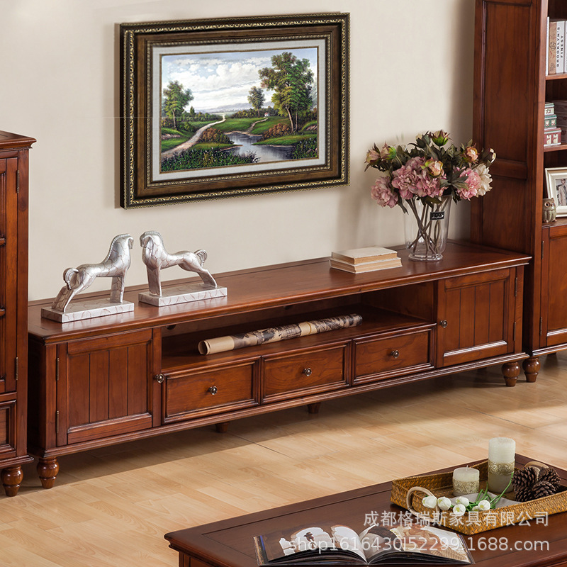 美式电视柜茶几组合1.8米美式家具2米客厅简约纯实木电视柜地柜