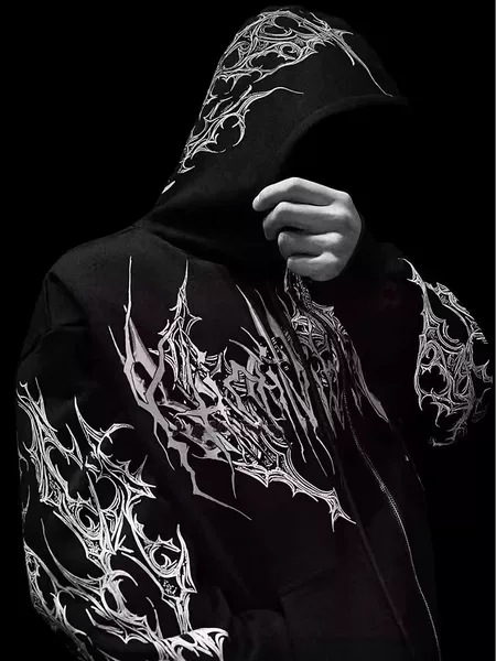 Autumn and Winter American Breathedivinity Zipper Fleece-Lined Sweatshirt Dark Style Skull Print Hoodie Trendy Brand