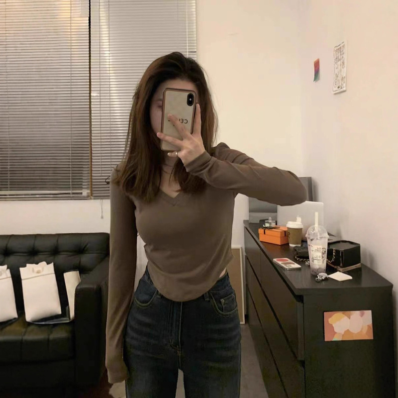 1*1 Threaded Velvet Pure Lust Style Sexy V Neck Slim Right Shoulder Long-Sleeved T-Shirt Women's Spring & Fall Asymmetrical Short Top