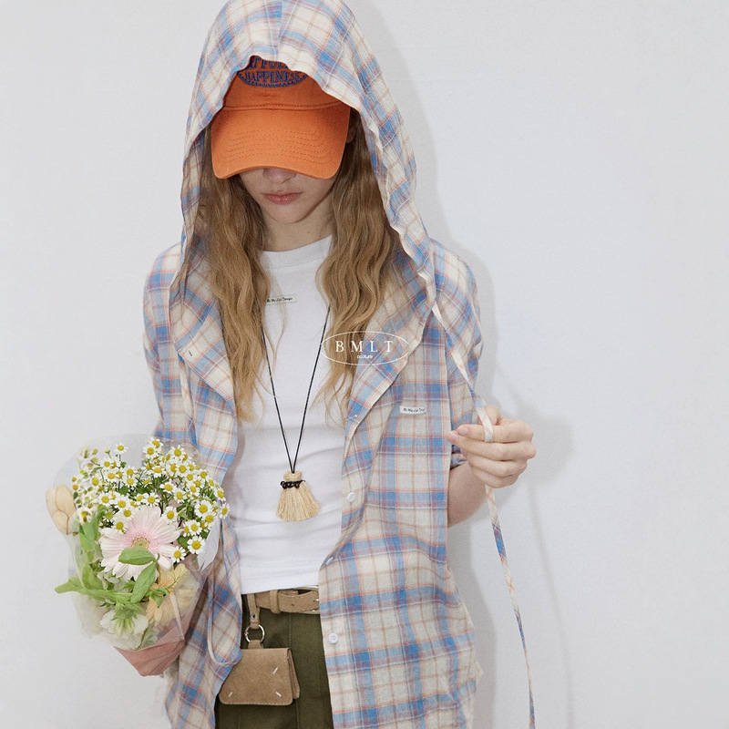 [Light Summer Blues] 2026 Summer New Fresh Plaid Hooded Sunscreen Shirt Versatile Top for Women