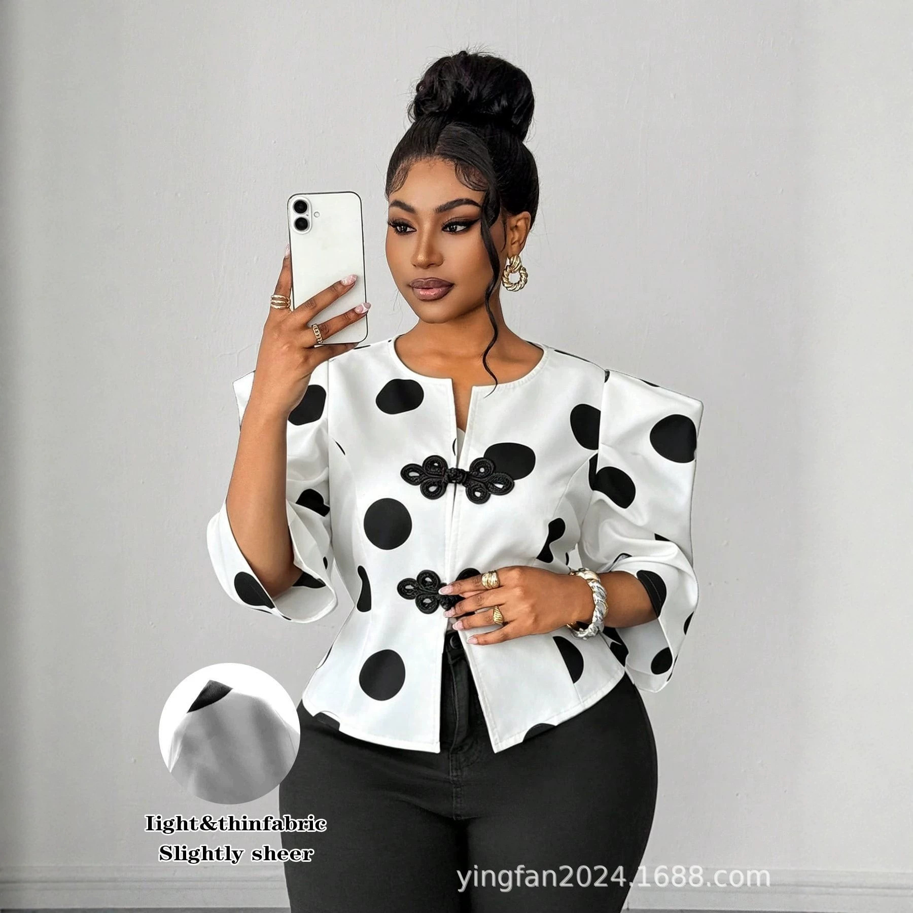 Amazon Tiktok Pinduoduo Foreign Trade Cross-Border European and American Plus-Size Women's Polka Dot Waist-Cinching Blouse Source Factory