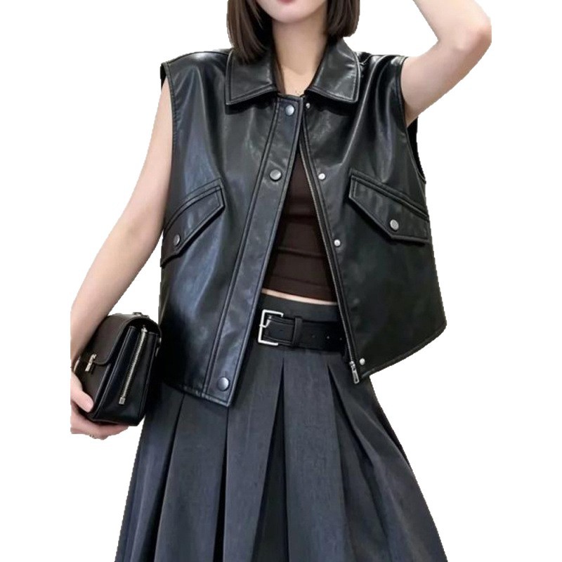 Inventario negro con solapa corta sin mangas chaleco de cuero de mujer estilo de moda 2026 estilo europeo y americano transfronterizo image 5