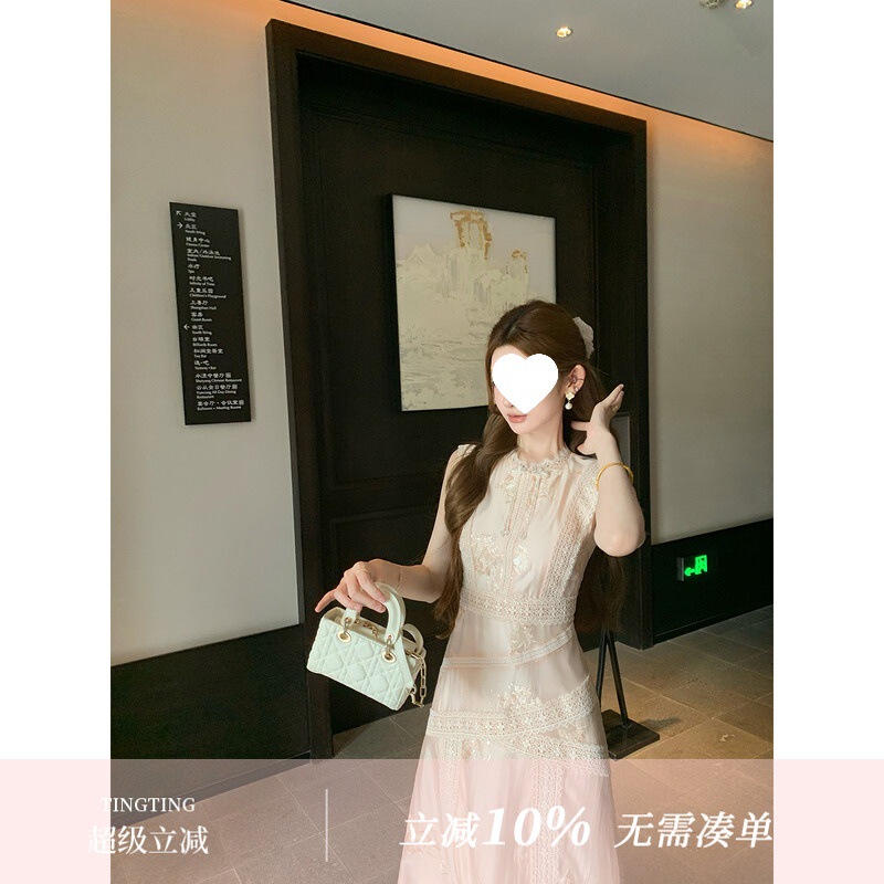 跨境NMIOK【青山粉黛】天丝绣花无袖连衣裙夏季新重蕾丝拼长裙尺|undefined