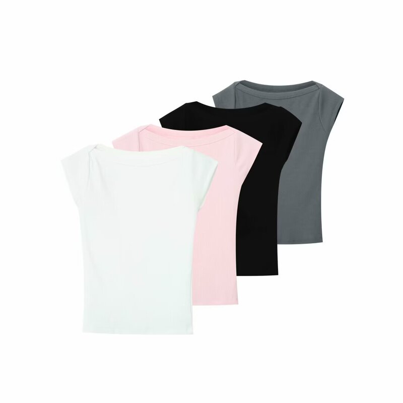 PB & ZA Women's 2025 Summer New Fashion One-character Collar Rib Slim Fit Slim Short-sleeved Top 4424302