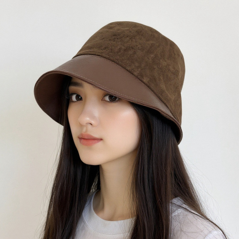日系复古麂皮绒拼接皮质帽檐渔夫帽子女早秋新款素颜遮脸百搭盆帽|undefined