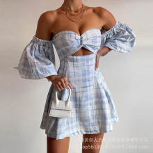 2024新款蓝色印花抹胸连衣裙-不定位LZQ8159