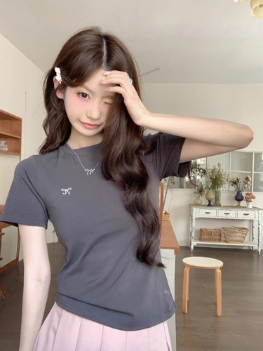 6621#2025 Summer Short-Sleeve T-Shirt Korean-Style Embroidered Sweet and Spicy Pink Knit Fitted Crew Neck Square Shoulder Top for Women