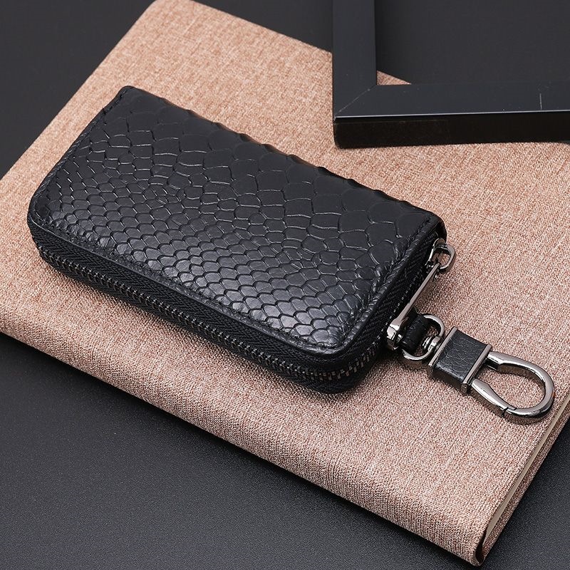 Snake-patterned car key bag for men, genuine cowhide, zippered, home use key bag, waist-hanging, multifunctional, large-capacity, trendy key bag