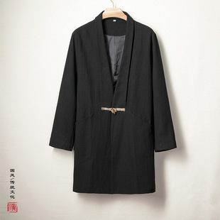 2024 autumn and winter new Chinese style men's cotton linen jacquard lapel Zen windbreaker coat factory wholesale