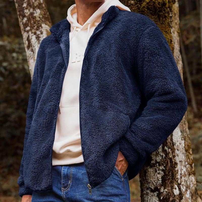 Men's Clothing Casual Plush Jacket Loose Hooded Zipper Solid Color Jacket_voghion.com