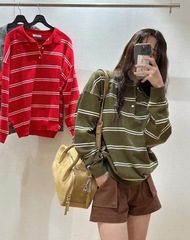 已出货 韩国chic秋季新款polo领松弛感条纹慵懒宽松针织毛衫