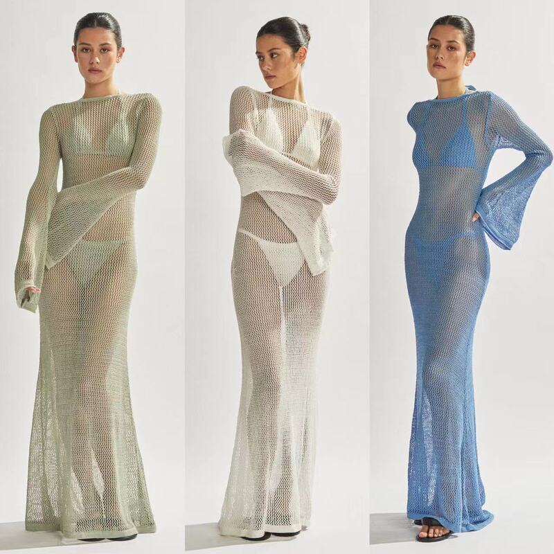 AliExpress European and American Women's Summer Cross-border New Knitted Long-sleeved Backless Sexy Perspective Dress