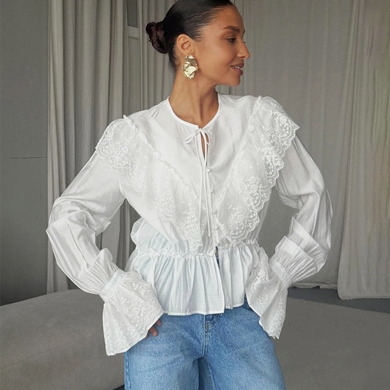 French-Style Lace-Up Waist-Cinching Shirt, Ruffled Pleated Blouse, Lace-Trimmed Cardigan, Vintage Round-Neck Flared Sleeve Outerwear
