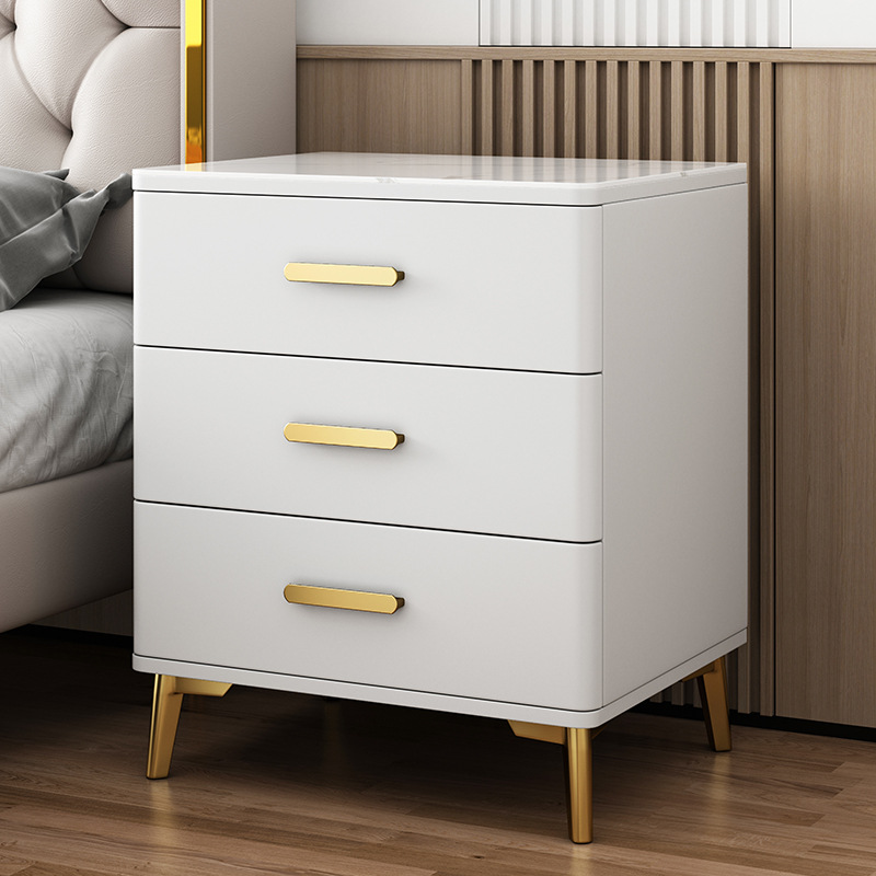 Mesita de noche con tres cajones de madera maciza, tablero de roca, estilo moderno y sencillo, gabinete elevado de tres niveles, gabinete de almacenamiento para dormitorio principal, acabado lacado.