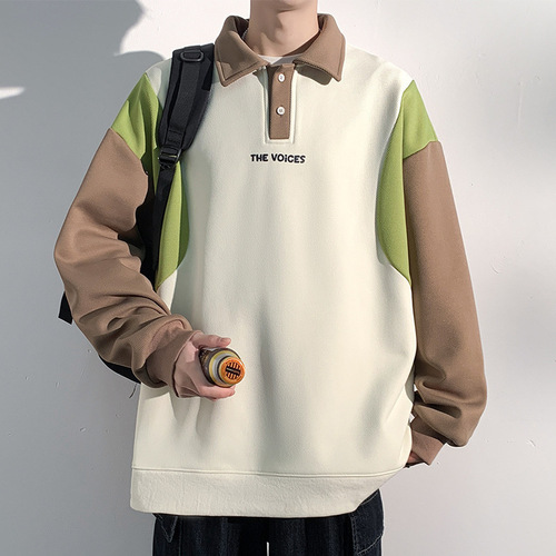 Men's Loose Large Size Casual Colorblock POLO Neck Sweatshirt - 2024 Spring New Simple Style Outerwear