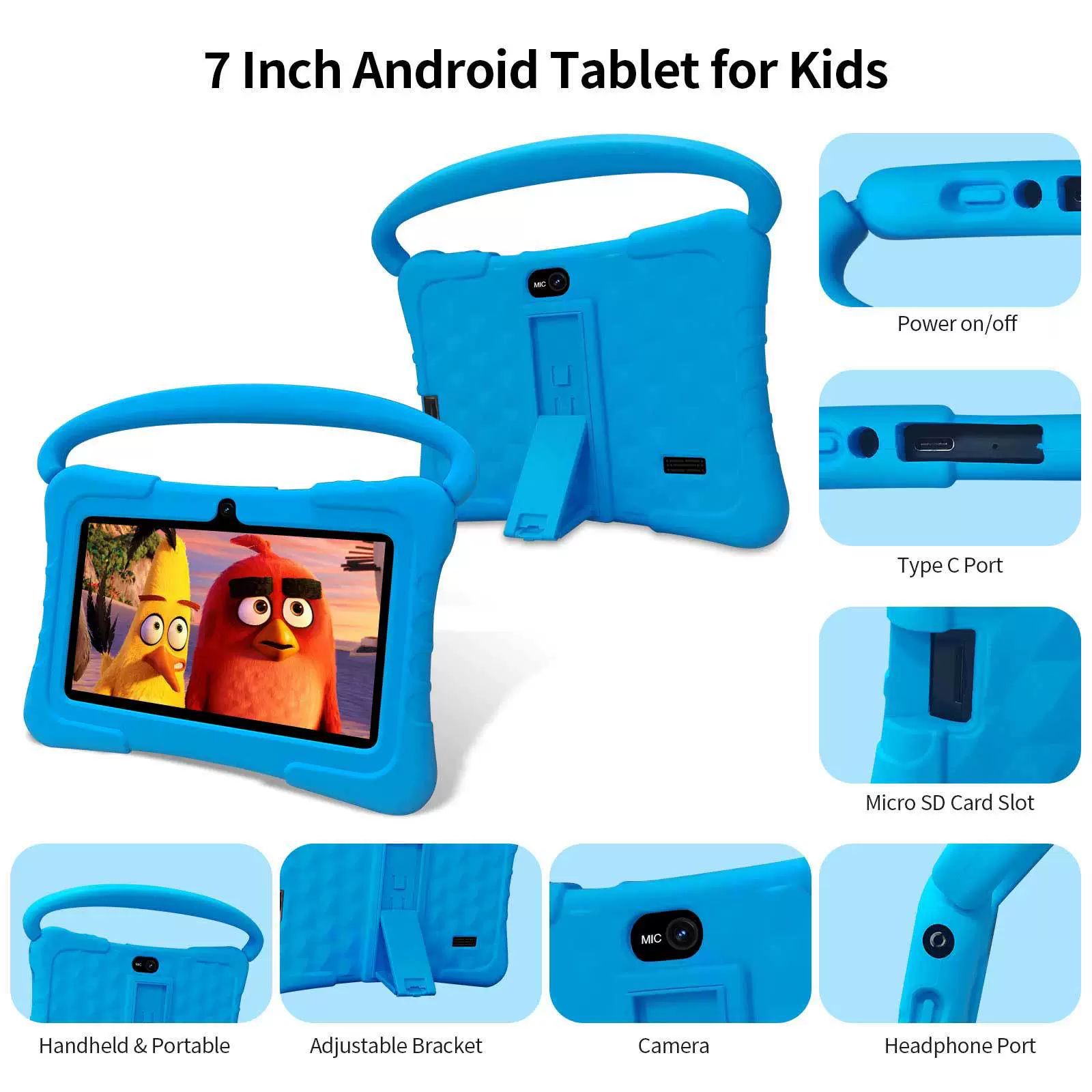 7‑inch kids tablet, silicone rubber protective sleeve with handle, 4GB+32GB, US/EU/UK options