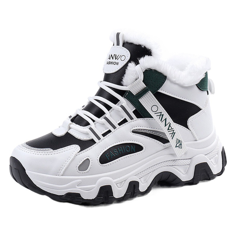 7815 White Shoes Women's 2023 New Black All-match Leather Shoes Autumn and Winter fleece-lined Flat High-top sneaker