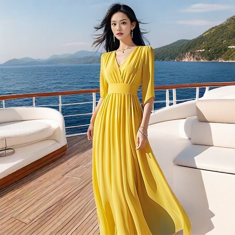 French-Style High-End Yellow V-Neck Skin-Friendly Flowing Dress with Mid-Sleeves, Elegant Long Dress for Beach Vacation French-Style High-End Yellow V-Neck Skin-Friendly Flowing Dress with Mid-Sleeves, Elegant Long Dress for Beach Vacation