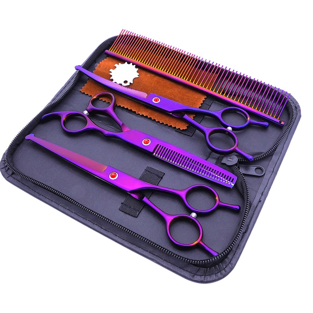 Fábrica directa de acero inoxidable mascotas belleza tijeras color cabeza redonda tijeras de diente fino tijeras pelo recorte curvo tijeras traje