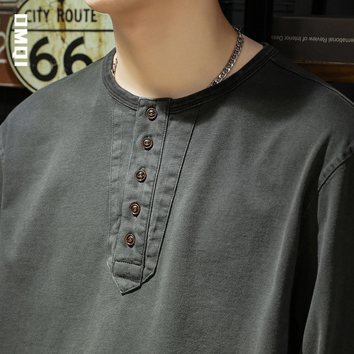 330g Heavyweight Long-Sleeve T-Shirt for Men - Autumn Large Size Trendy Brand American Loose Casual Henley Collar Base T-Shirt Trend