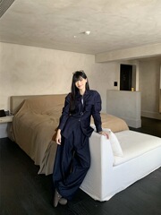 蓝色口袋长袖牛仔外套高腰阔腿拖地裤2025秋季新款时尚套装女chic