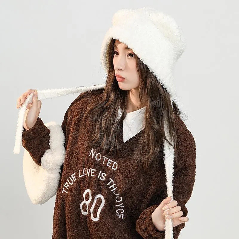 Otoño e Invierno estilo japonés todo partido cálido sombrero de lana con cordones hembra de felpa lindo oso oído protección sombrero de punto de moda sombrero frío