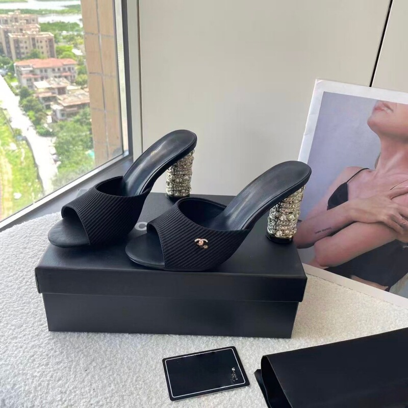 High-Quality Heavy Craftsmanship Small Fragrance Rhinestone Pearl Heel Sandals Socialite Style Fish Mouth Slip-On Versatile High-Heeled Slippers